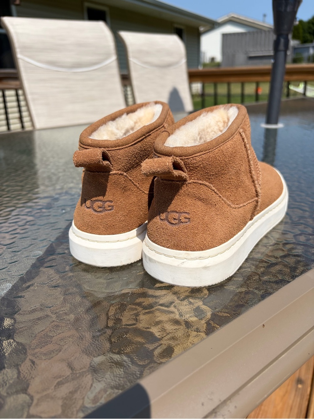 UGG Women’s Chestnut Suede Shearling Booties with White Sole